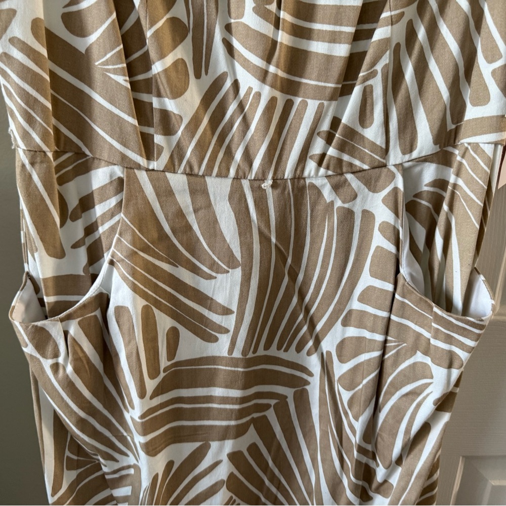 R & K original dress, 14, tan/white leaf pattern, sleeveless, zip back, NWT - Picture 2 of 6